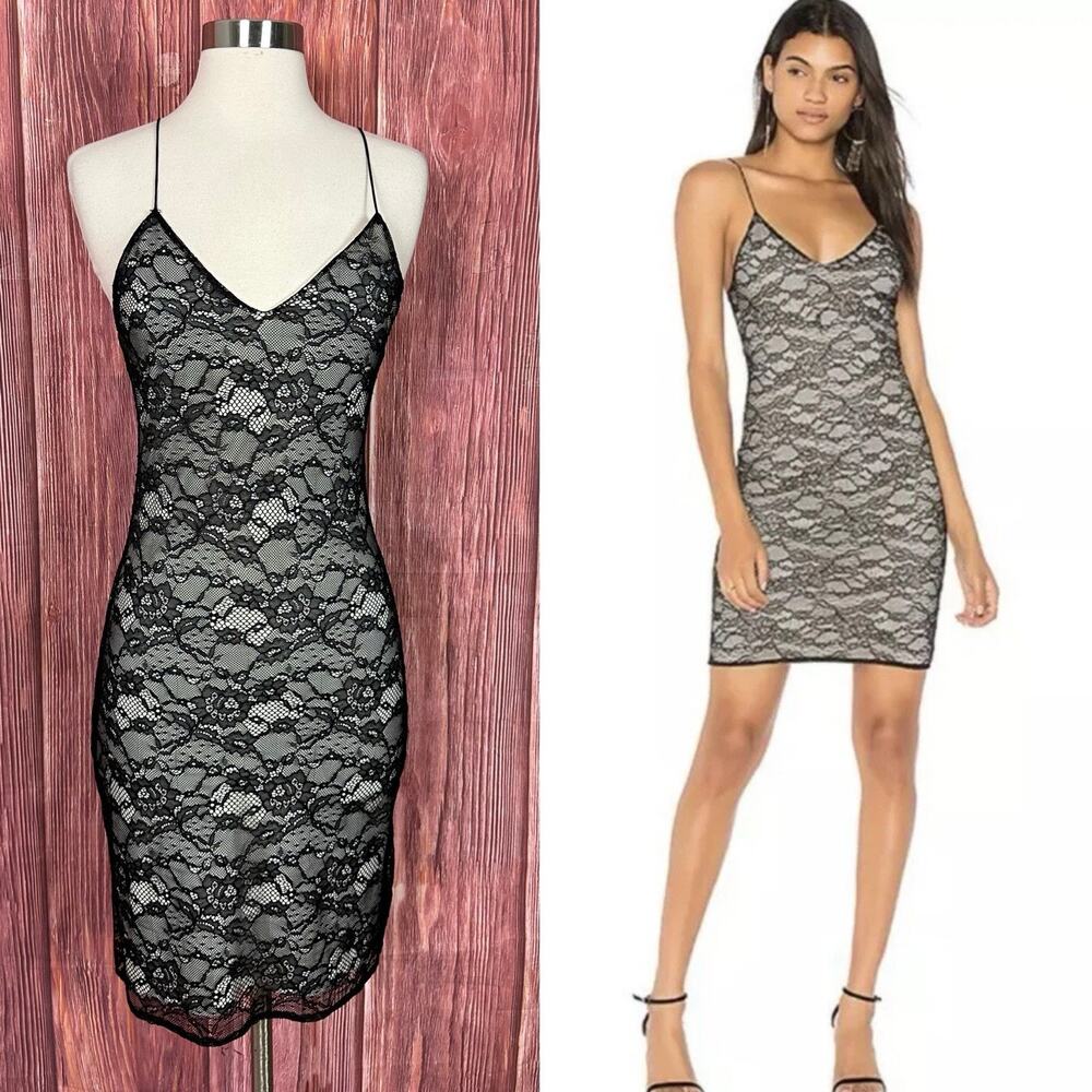 Alice + Olivia Stila Black Lace Slip Dress‎ Knee Length V-Neck Womens Size 4
